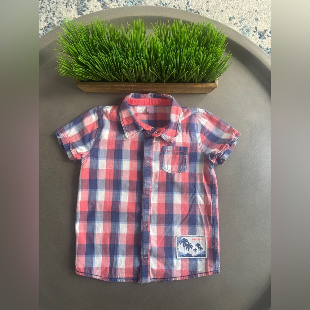 Petit Lem Plaid Kids Short Sleeve Button Down Shirt - Red and Blue 24 mo